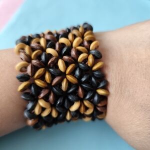 3/$20💗Wide Wood Beaded Stretch Bracelet Black Brown Tan 2" Wide